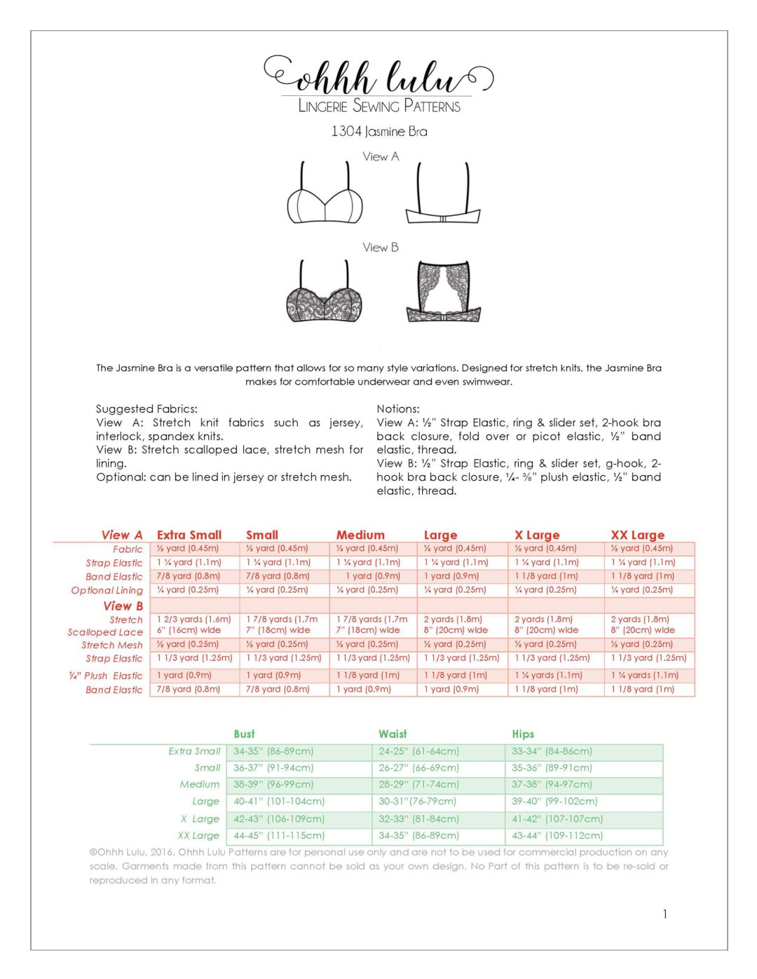 Jasmine Bra Pattern XS-2XL in Standard and Large DD+ Cup Sizes – Ohhh Lulu